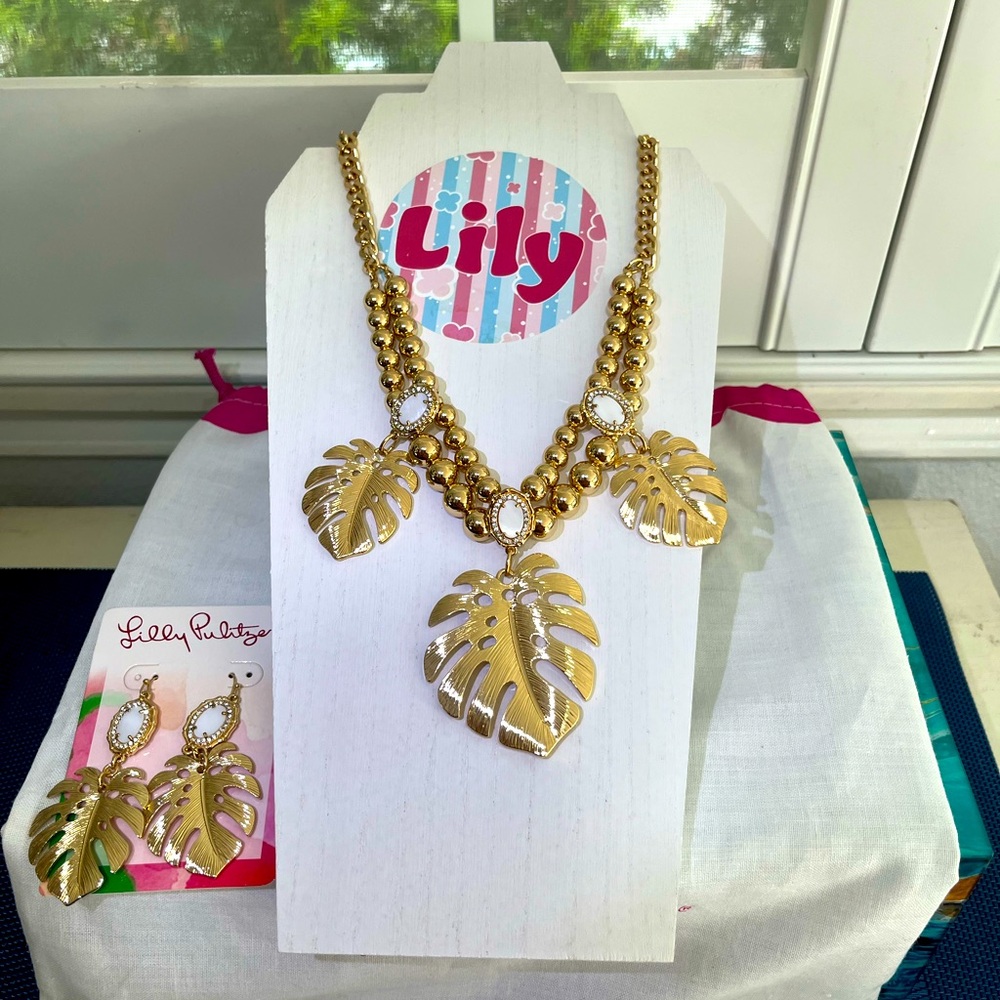 Lily Pulitzer True Gold Leaf Necklace and Earring Set New w tags